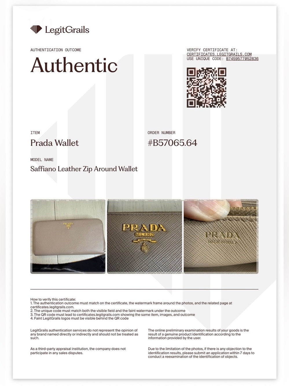 *COA* Prada Beige Saffiano Leather Zip-Around Wallet - Picture 16 of 16